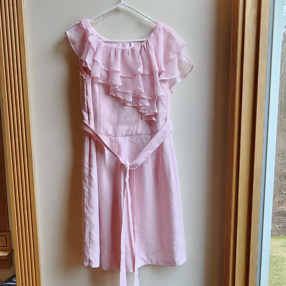 Pink Ruffled Sleeveless Belted Dress Size 14 - Picture 1 of 15